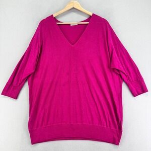 Cruciani Wool Sweater Womens 44 Hot Pink‎ V-Neck 3/4 Slve Fine Knit Luxury Italy